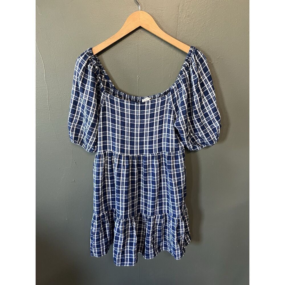 American Eagle Womens Blue Plaid Short Sleeve Blouse Summer Dress Size Large